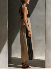 Romy Everham | Black Beige Colour Block Halter Midi Dress For Women