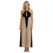 Romy Everham | Black Beige Colour Block Halter Midi Dress For Women