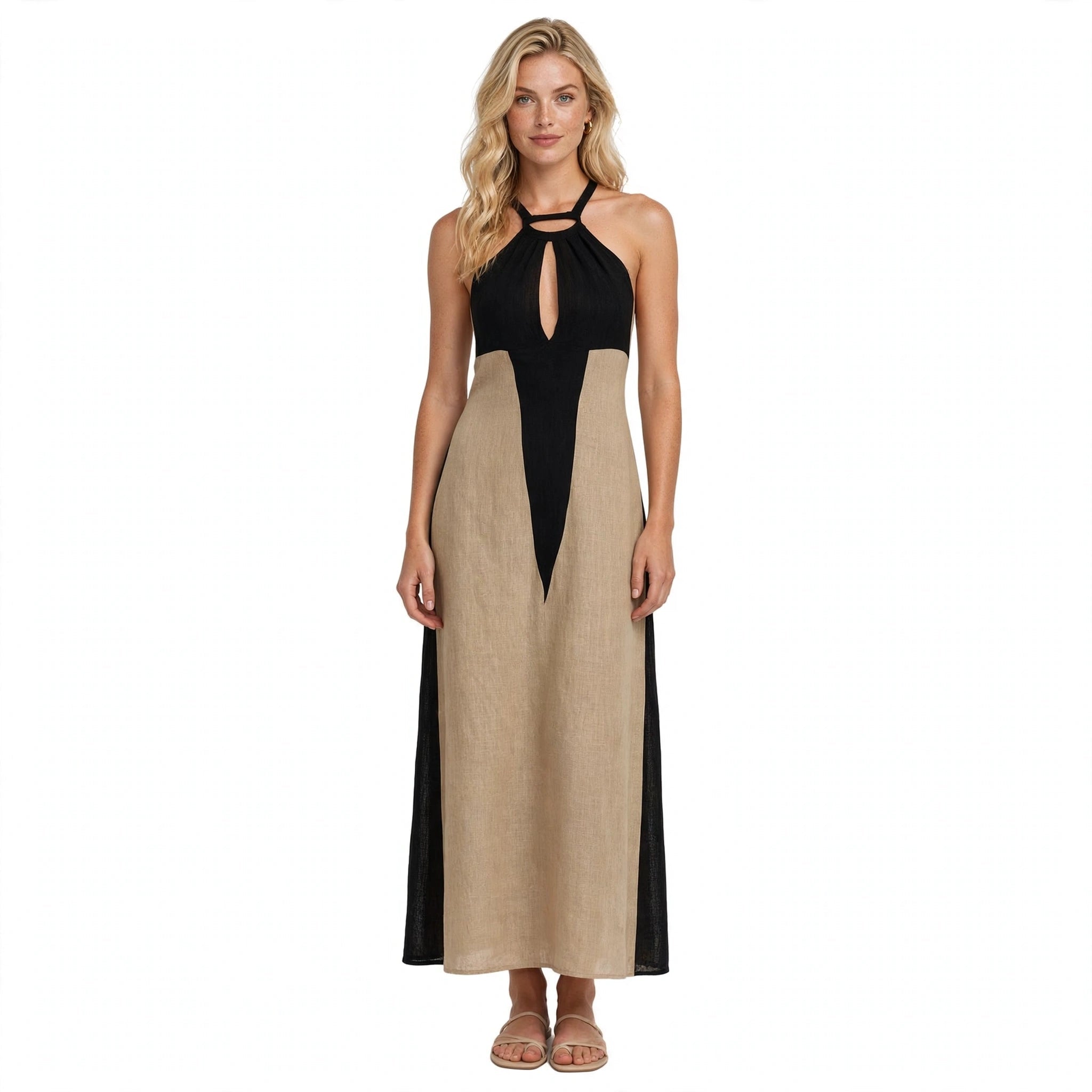 Romy Everham | Black Beige Colour Block Halter Midi Dress For Women