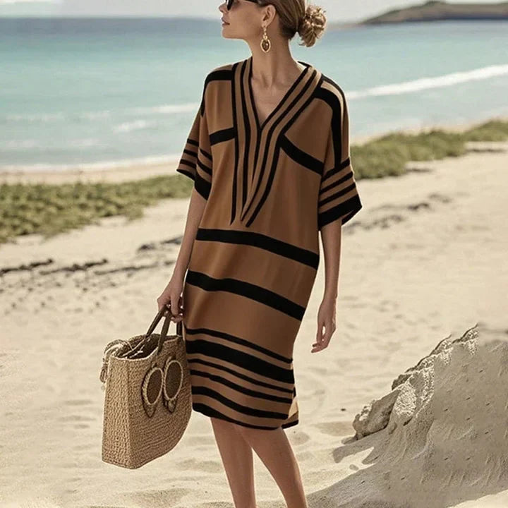 Saffron Whitham | Cream Brown Striped V-Neck Kaftan Dress For Women
