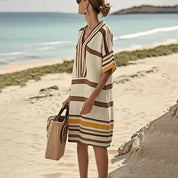 Saffron Whitham | Cream Brown Striped V-Neck Kaftan Dress For Women