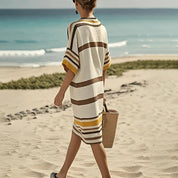 Saffron Whitham | Cream Brown Striped V-Neck Kaftan Dress For Women