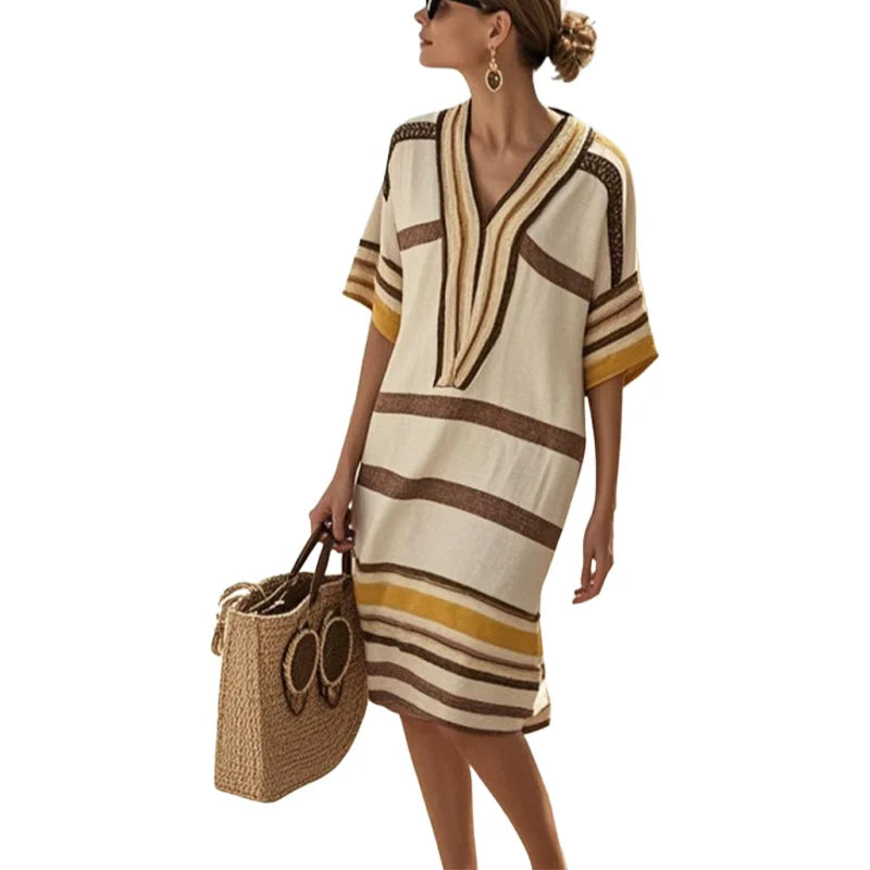 Saffron Whitham | Cream Brown Striped V-Neck Kaftan Dress For Women