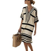 Saffron Whitham | Cream Brown Striped V-Neck Kaftan Dress For Women