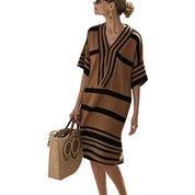 Saffron Whitham | Cream Brown Striped V-Neck Kaftan Dress For Women
