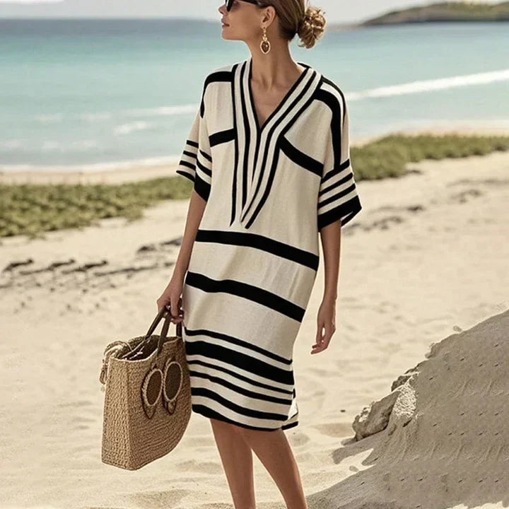 Saffron Whitham | Cream Brown Striped V-Neck Kaftan Dress For Women