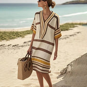 Saffron Whitham | Cream Brown Striped V-Neck Kaftan Dress For Women