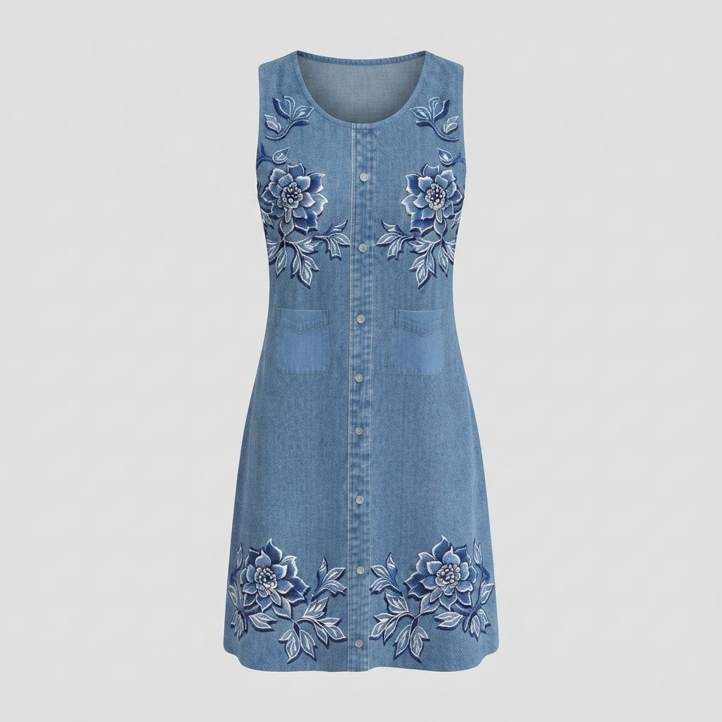 Scarlett Barnes | Denim Floral Print Midi Dress For Women