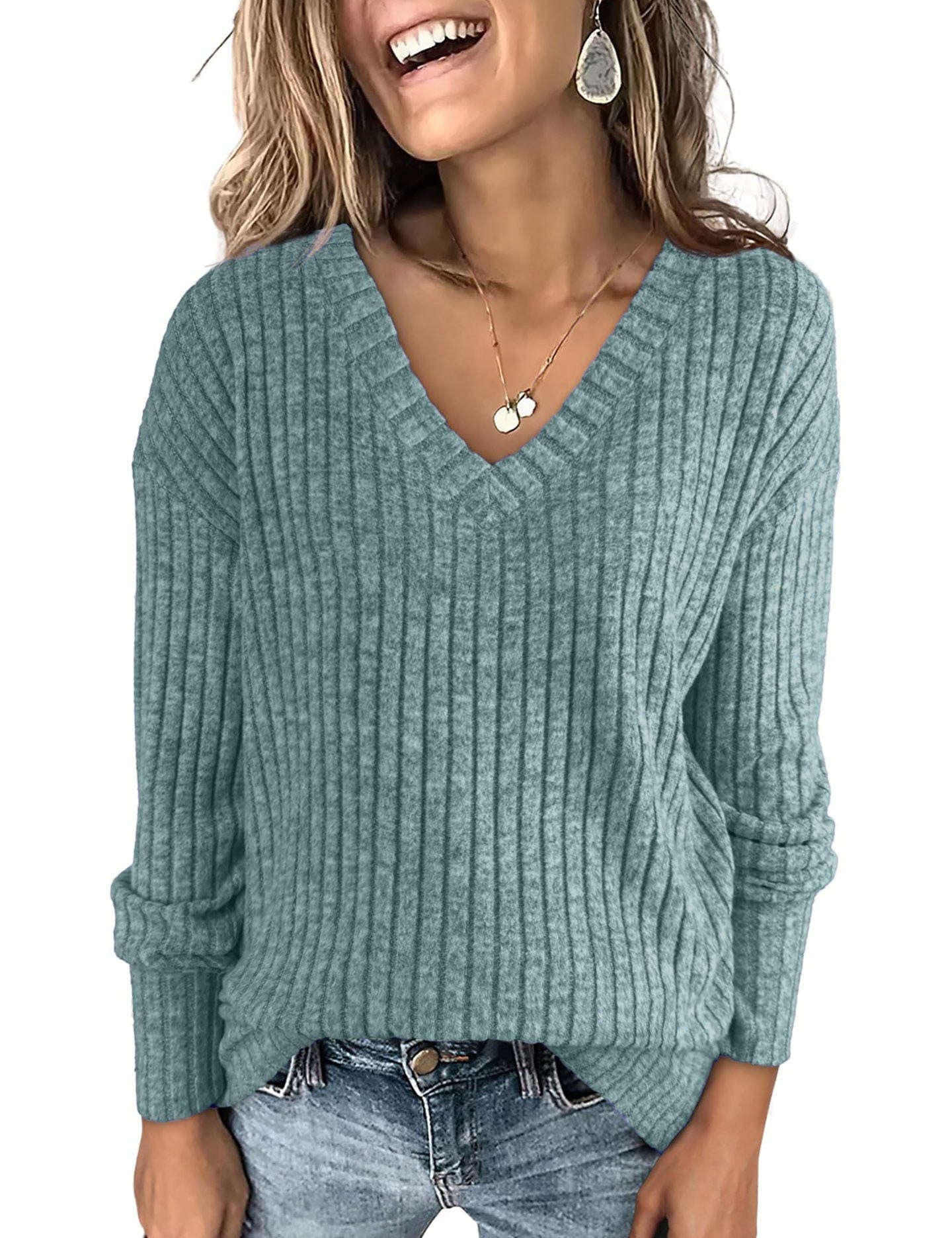Victoria Monroe | Ribbed V-Neck Knit Top For Women