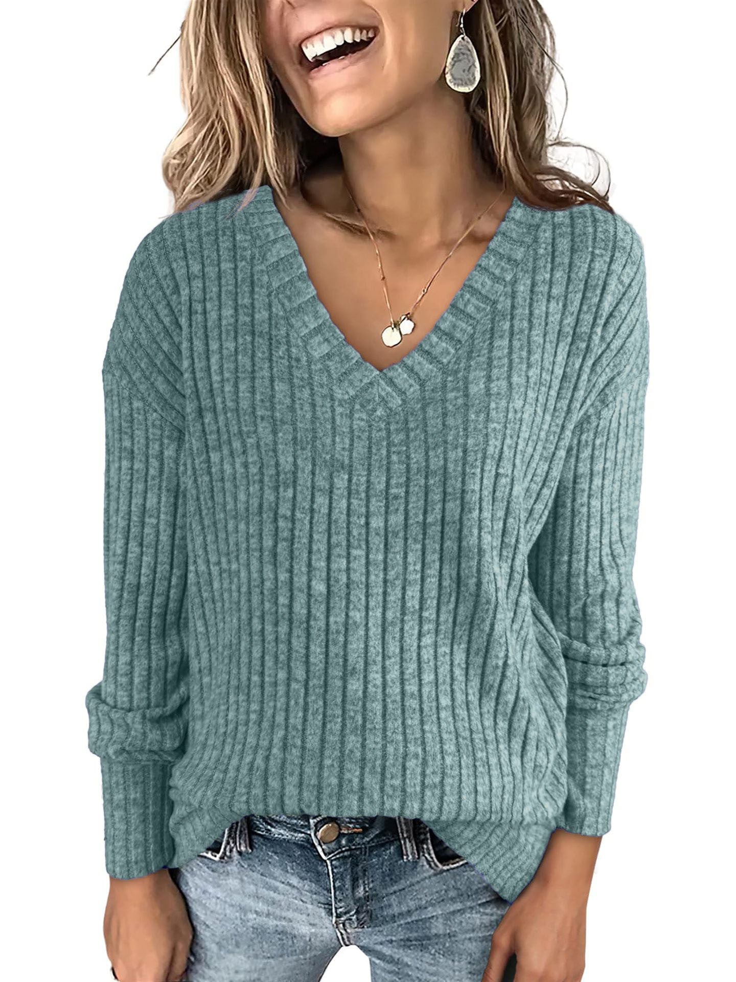 Victoria Monroe | Ribbed V-Neck Knit Top For Women