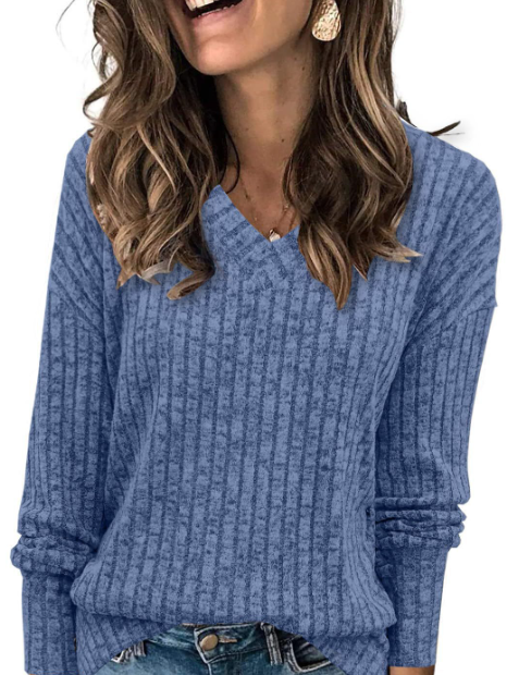 Victoria Monroe | Ribbed V-Neck Knit Top For Women