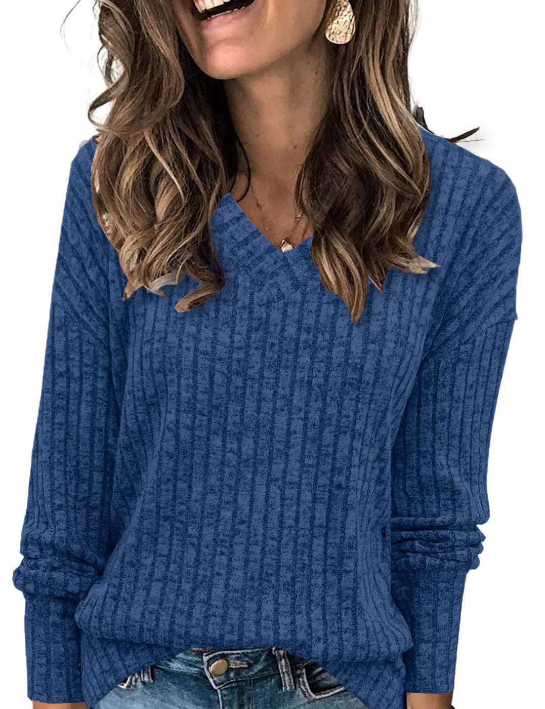 Victoria Monroe | Ribbed V-Neck Knit Top For Women