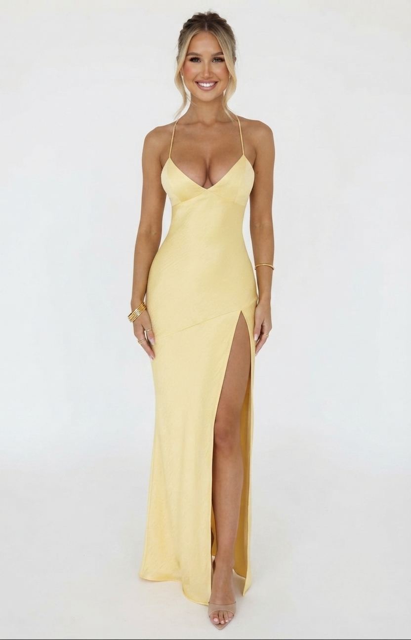 Sienna Donovan | Satin Halter Neck Slit Maxi Dress For Women