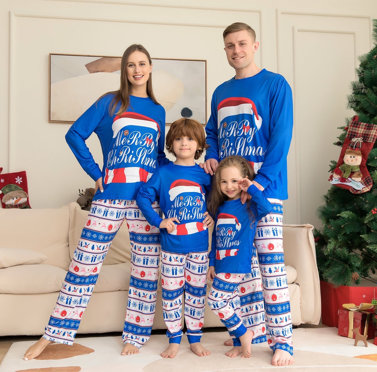 Snowfall | Blue Santa Hat Print Christmas Pyjamas Unisex & Family