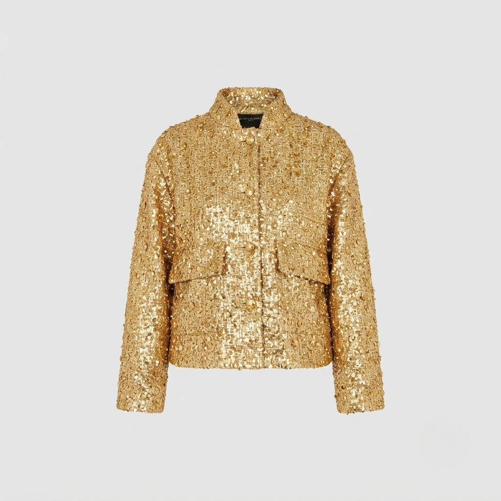 Sophia Evans | Gold Sequin Tweed Bomber Jacket For Women