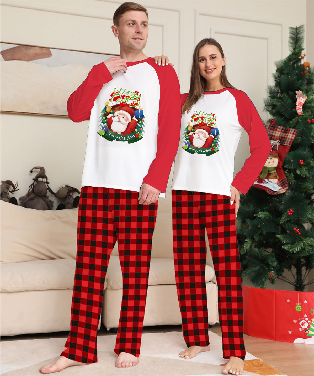 Tinsel | Red Raglan Santa Print Christmas Pyjamas Unisex & Family
