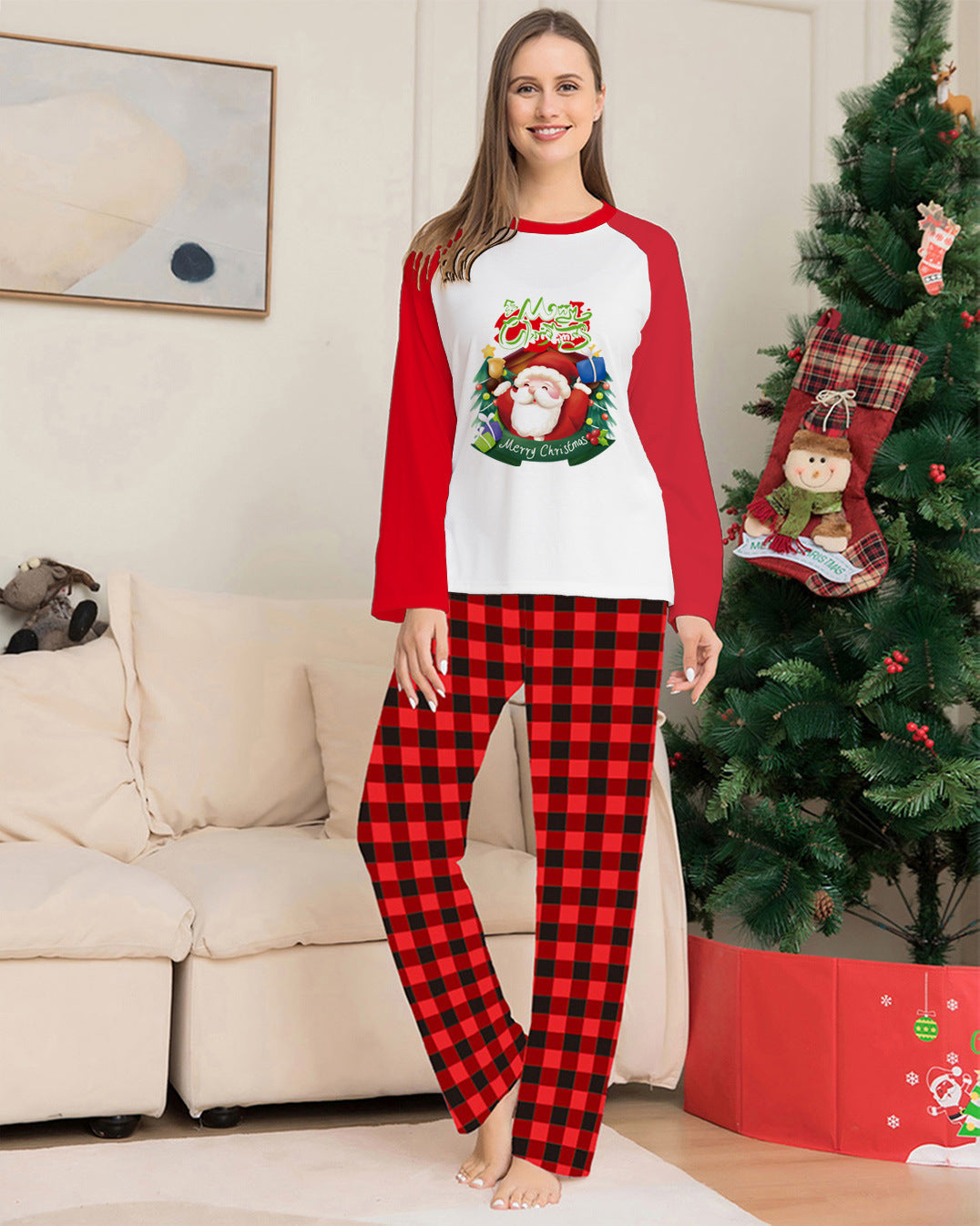 Tinsel | Red Raglan Santa Print Christmas Pyjamas Unisex & Family