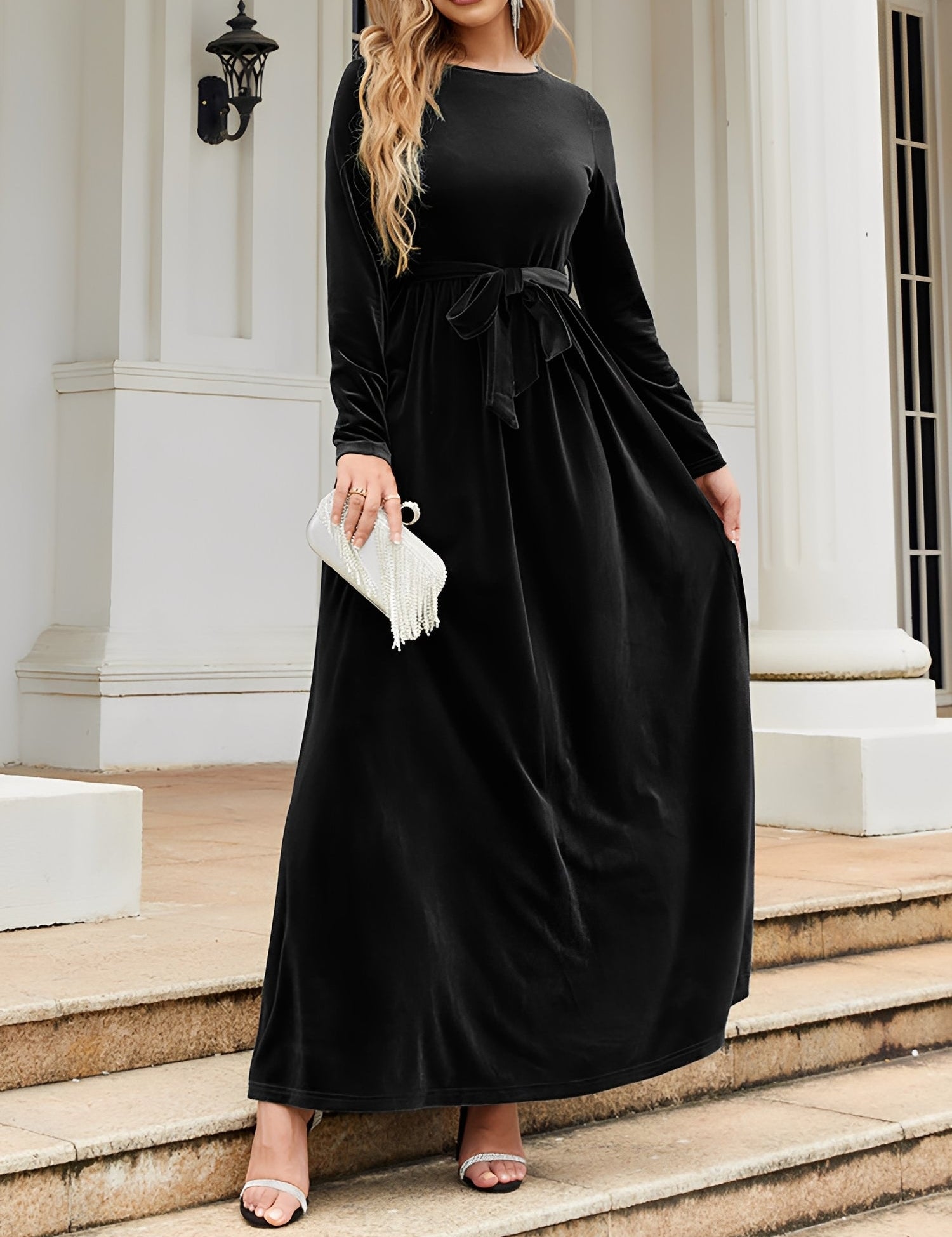 Anastasia Beaumont | Velvet Maxi Dress With Luxe Waist Tie Detail For Women