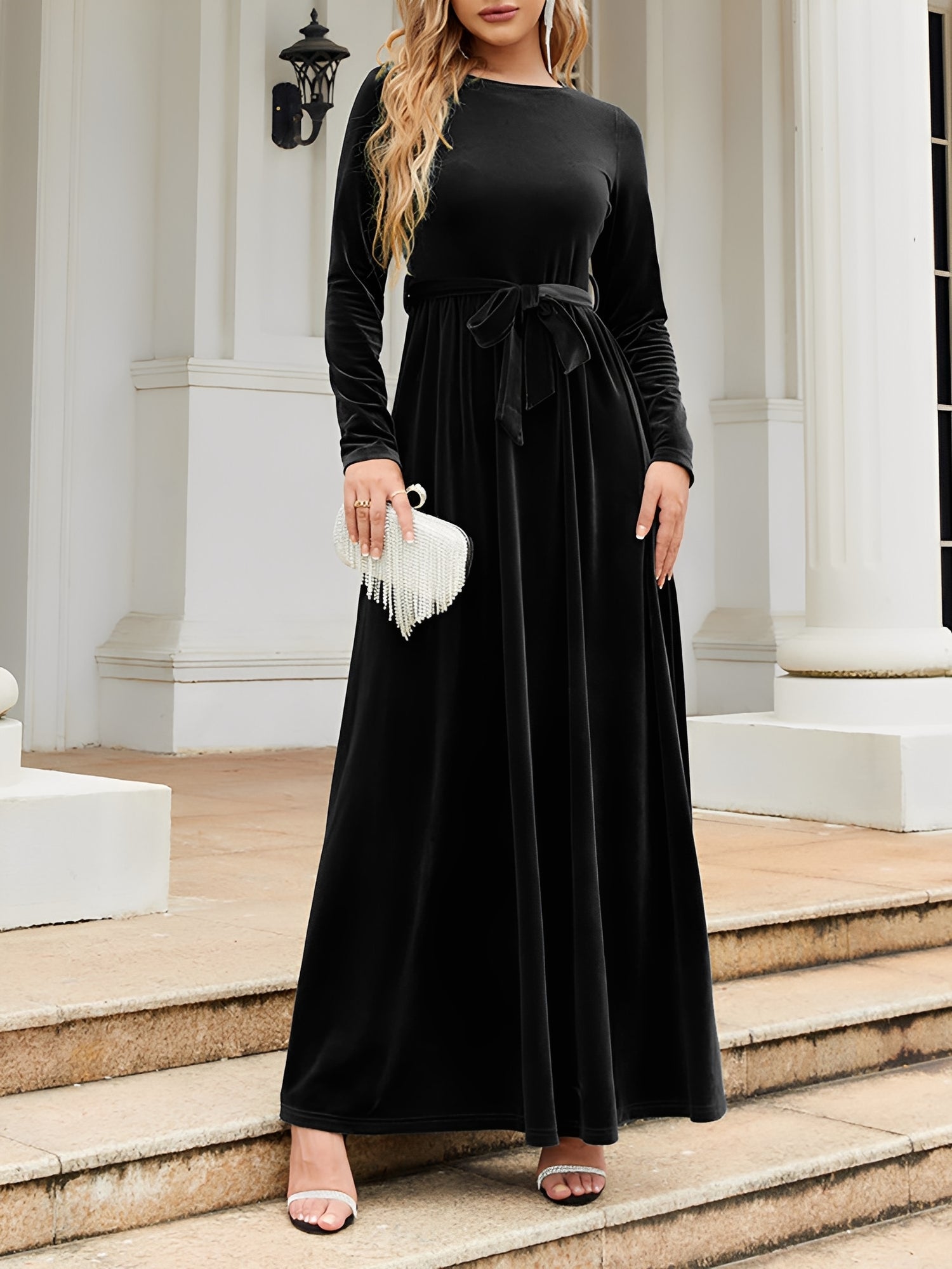 Anastasia Beaumont | Velvet Maxi Dress With Luxe Waist Tie Detail For Women