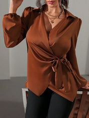 Velmira Chic | Satin Wrap Tie Blouse