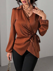 Velmira Chic | Satin Wrap Tie Blouse