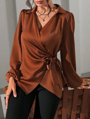 Velmira Chic | Satin Wrap Tie Blouse