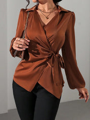 Velmira Chic | Satin Wrap Tie Blouse