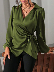 Velmira Chic | Satin Wrap Tie Blouse