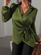Velmira Chic | Satin Wrap Tie Blouse