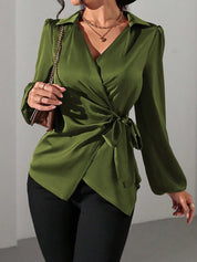 Velmira Chic | Satin Wrap Tie Blouse