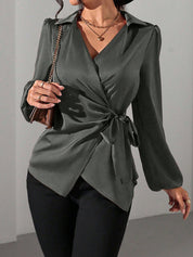 Velmira Chic | Satin Wrap Tie Blouse