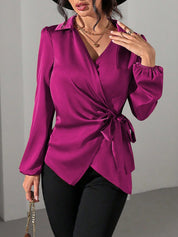 Velmira Chic | Satin Wrap Tie Blouse