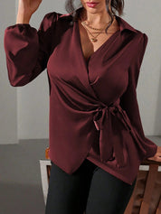 Velmira Chic | Satin Wrap Tie Blouse