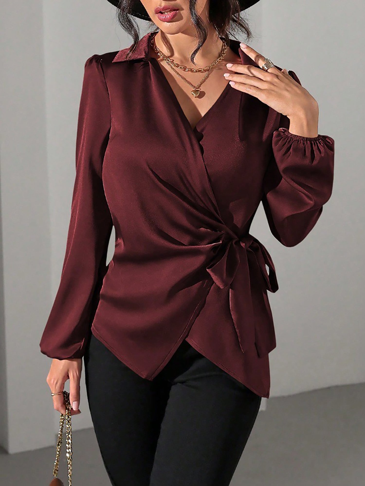 Velmira Chic | Satin Wrap Tie Blouse