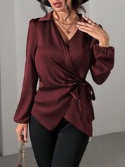 Velmira Chic | Satin Wrap Tie Blouse
