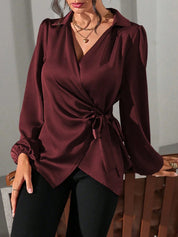 Velmira Chic | Satin Wrap Tie Blouse
