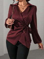 Velmira Chic | Satin Wrap Tie Blouse