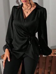 Velmira Chic | Satin Wrap Tie Blouse