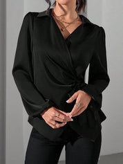 Velmira Chic | Satin Wrap Tie Blouse
