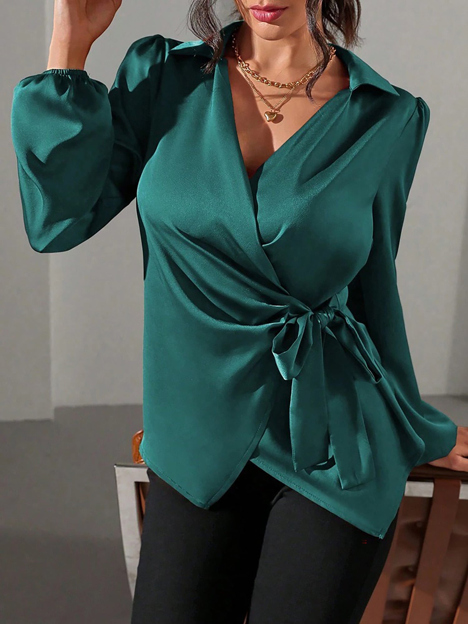 Velmira Chic | Satin Wrap Tie Blouse