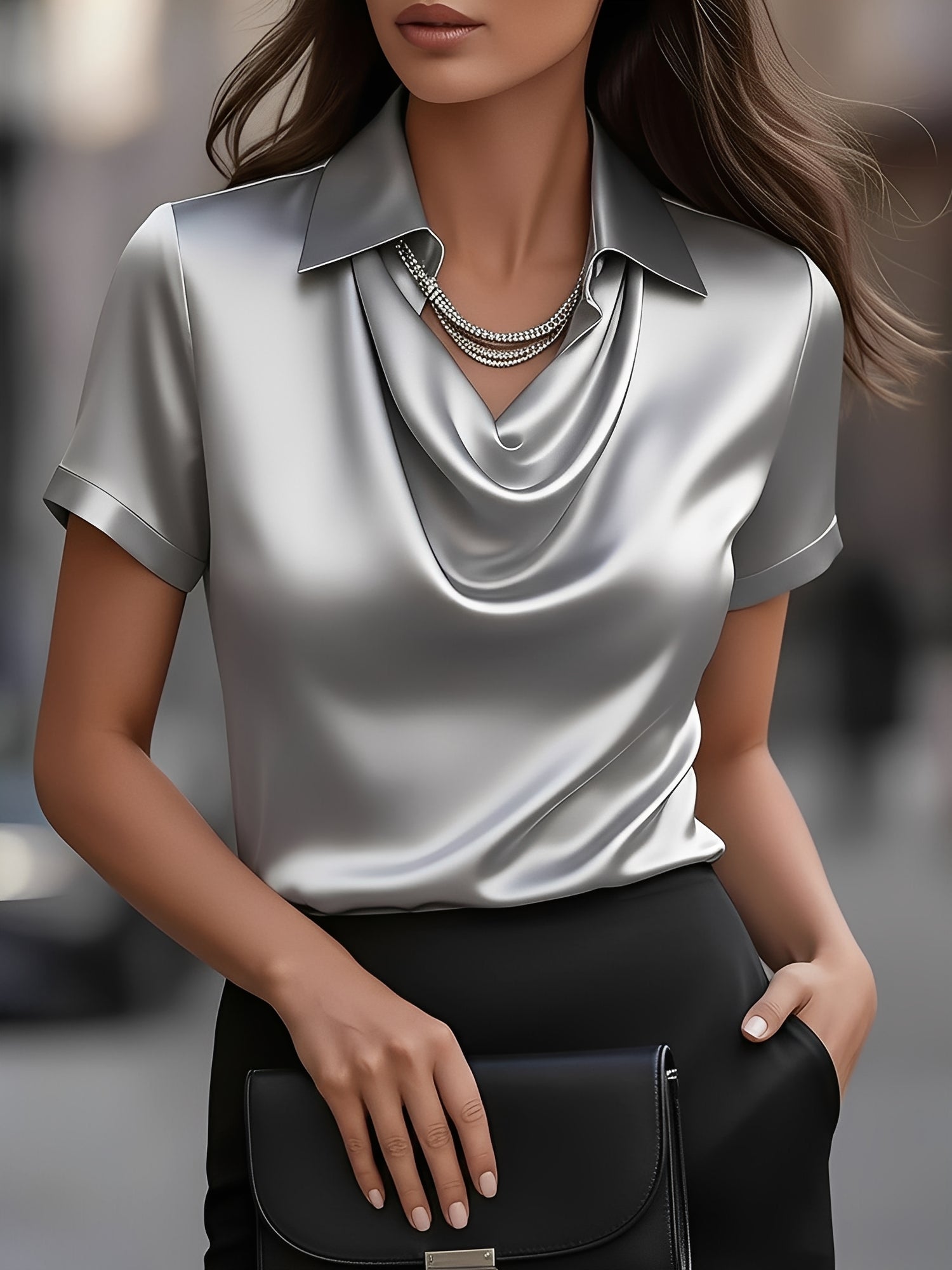 Seraluxe Flow | Draped Collar Satin Blouse For Women