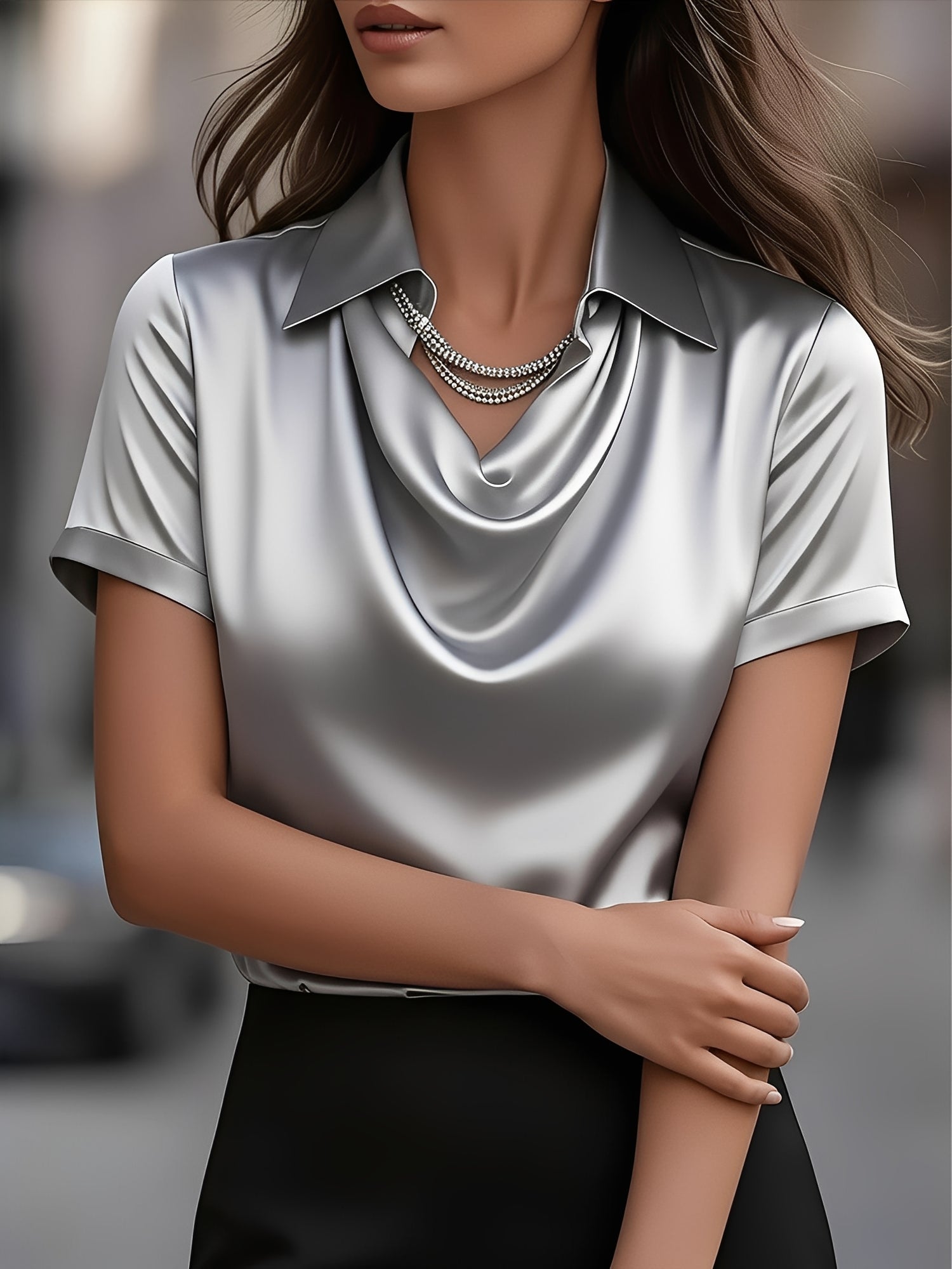 Seraluxe Flow | Draped Collar Satin Blouse For Women