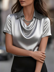 Seraluxe Flow | Draped Collar Satin Blouse For Women