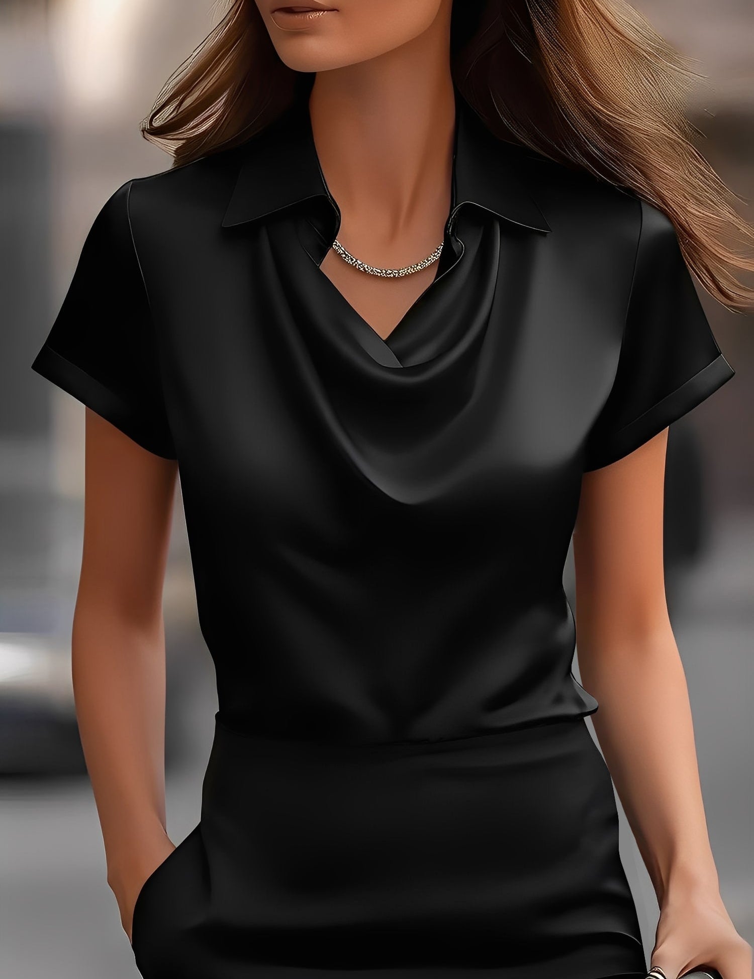 Seraluxe Flow | Draped Collar Satin Blouse For Women