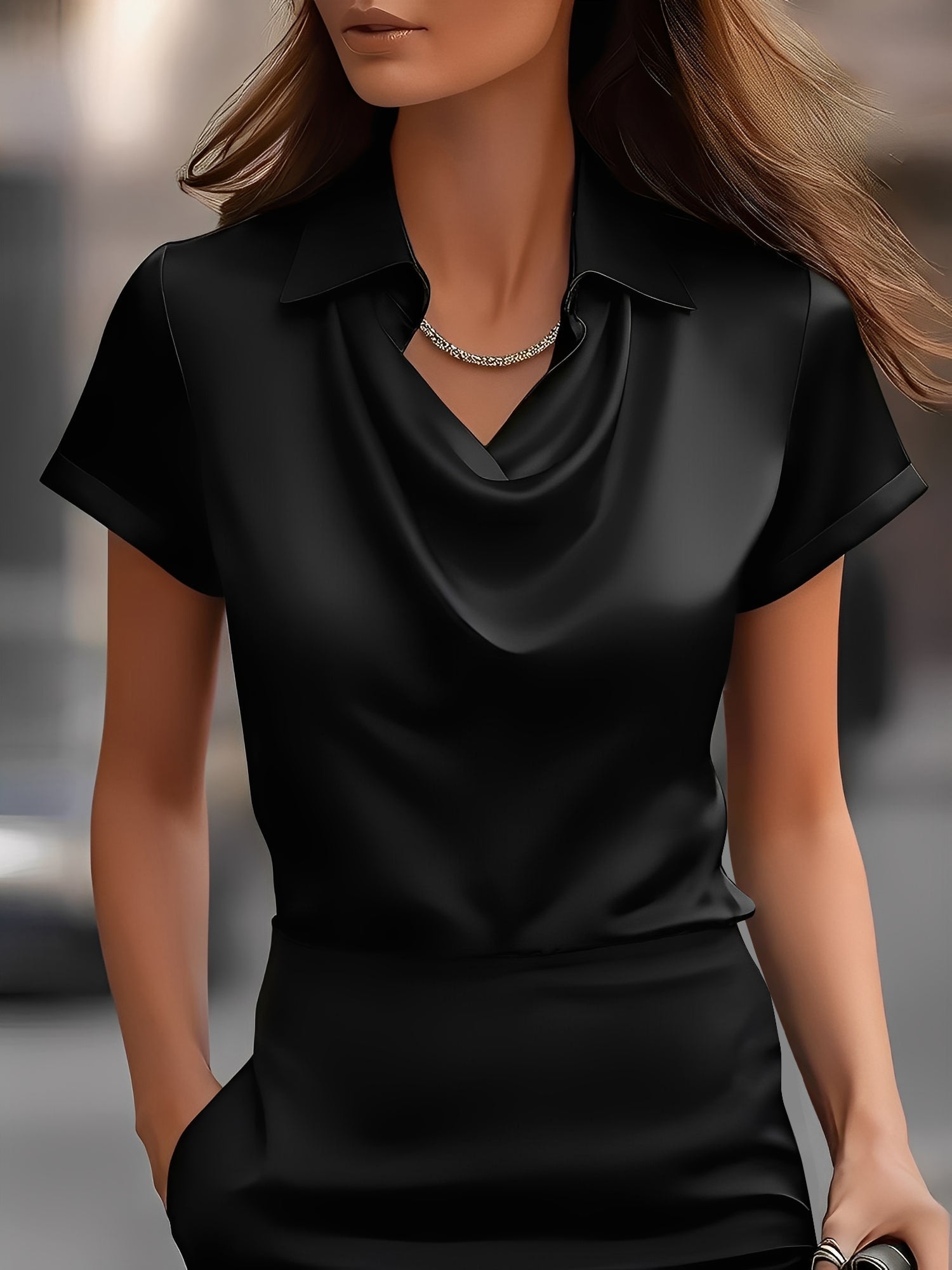 Seraluxe Flow | Draped Collar Satin Blouse For Women