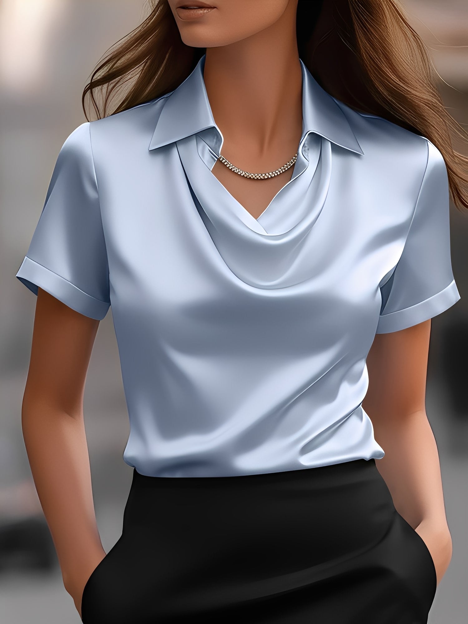 Seraluxe Flow | Draped Collar Satin Blouse For Women