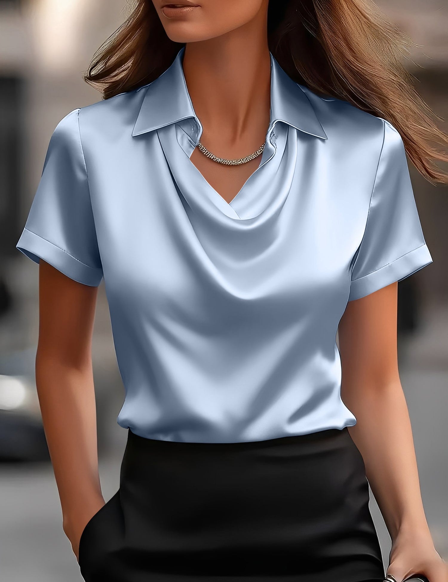 Seraluxe Flow | Draped Collar Satin Blouse For Women
