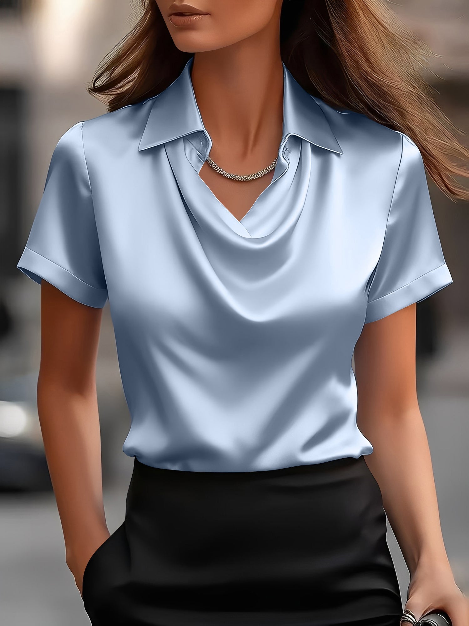 Seraluxe Flow | Draped Collar Satin Blouse For Women