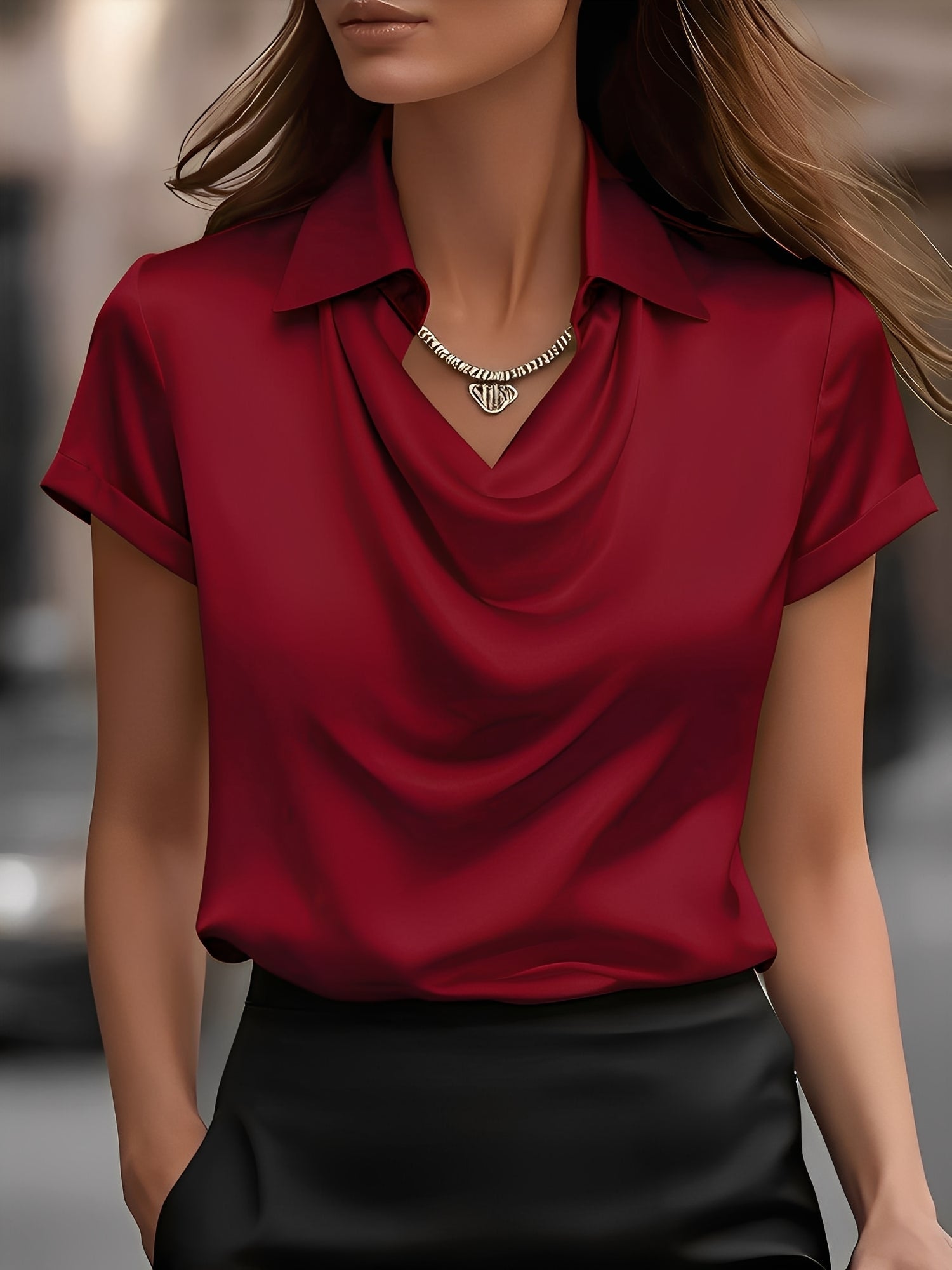 Seraluxe Flow | Draped Collar Satin Blouse For Women