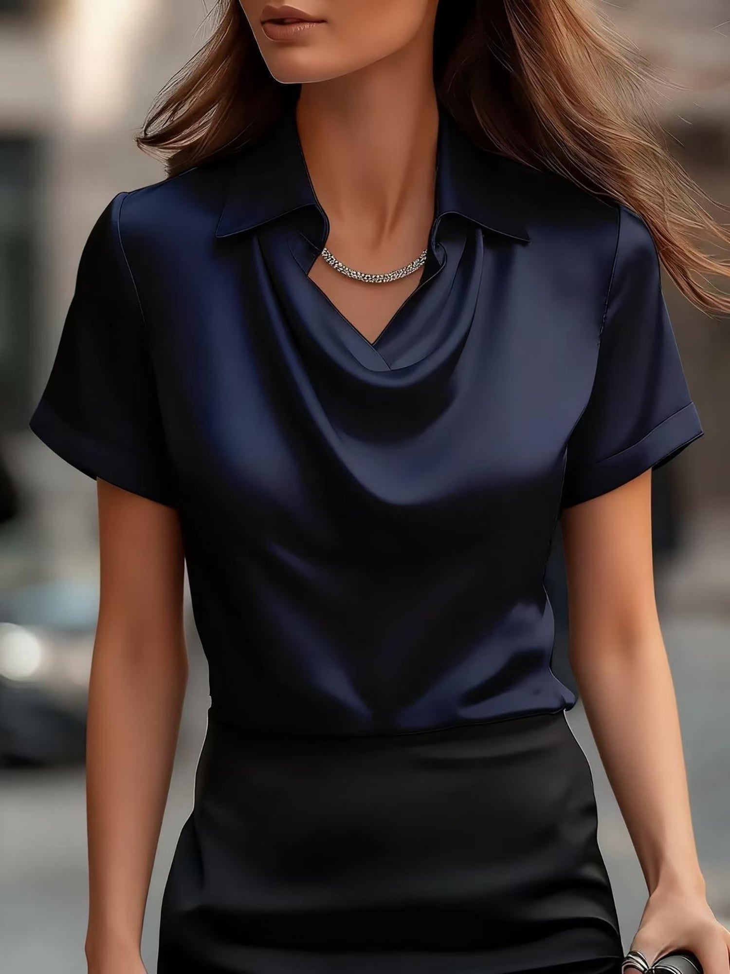 Seraluxe Flow | Draped Collar Satin Blouse For Women